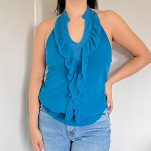 Y2K Teal Ruffle Halter Top‎ Vintage Charlotte